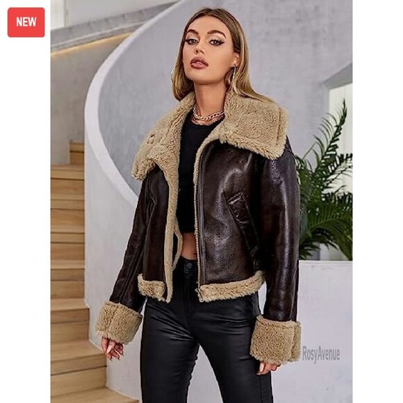 Large Faux Leather Biker Jacket with Sherpa Lining, Winter Coat - Picture 7 of 8
